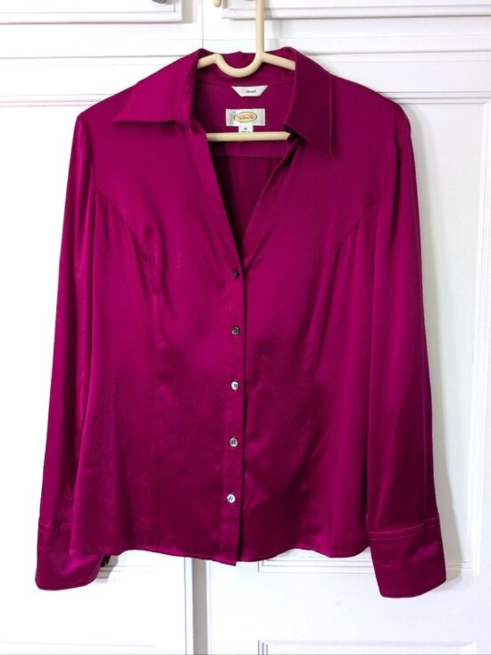 NWOT Talbots Satin Silk Stretch Button-Down Blouse - Magenta-Size 12